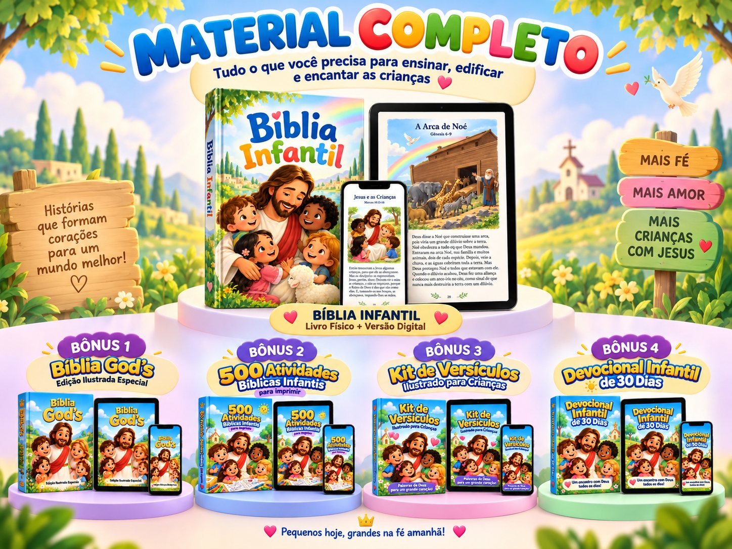 Material completo: Bíblia Infantil mais os 4 bônus — Bíblia God's, 500 Atividades Bíblicas, Kit de Versículos e Devocional de 30 Dias